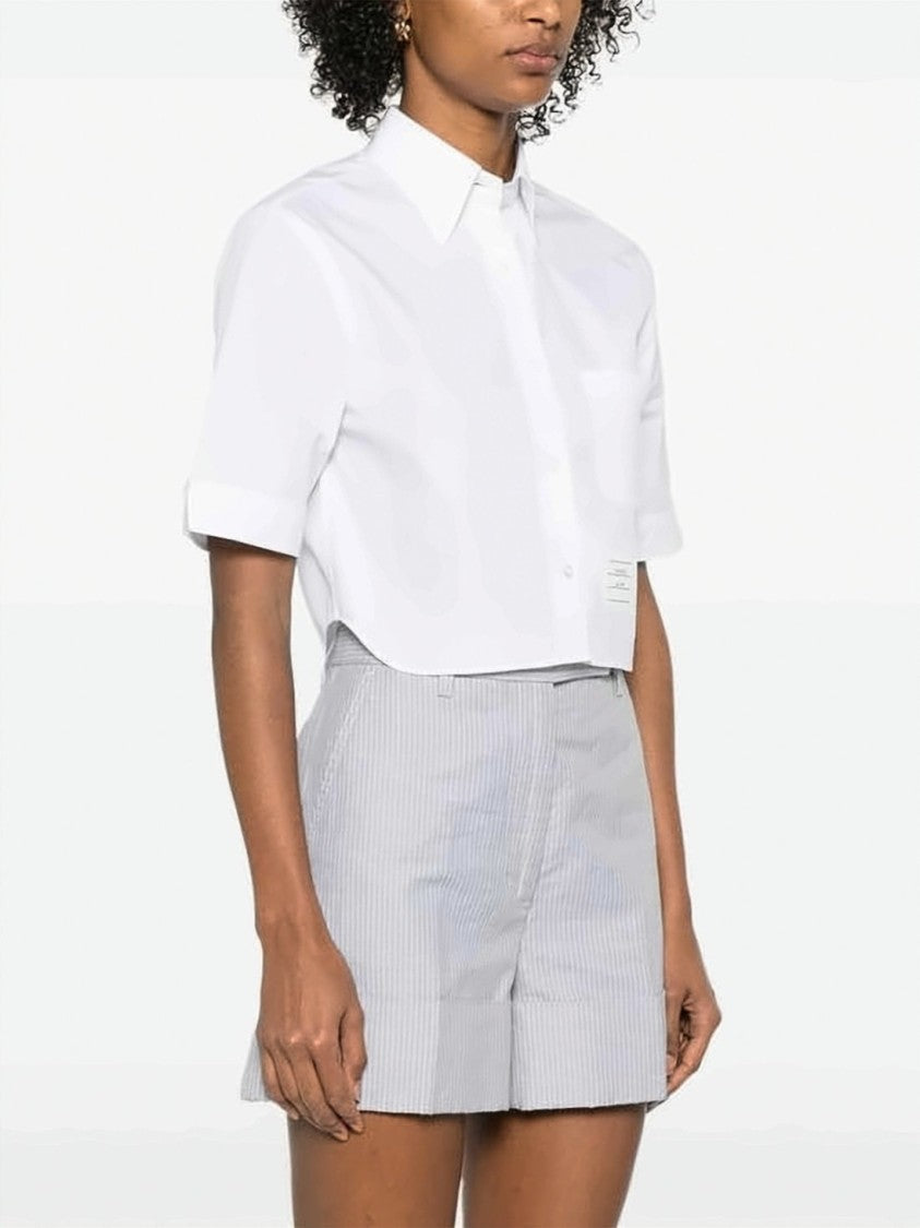 Thom Browne Cropped Short Sleeve Oxford Shirt With Classic Collar