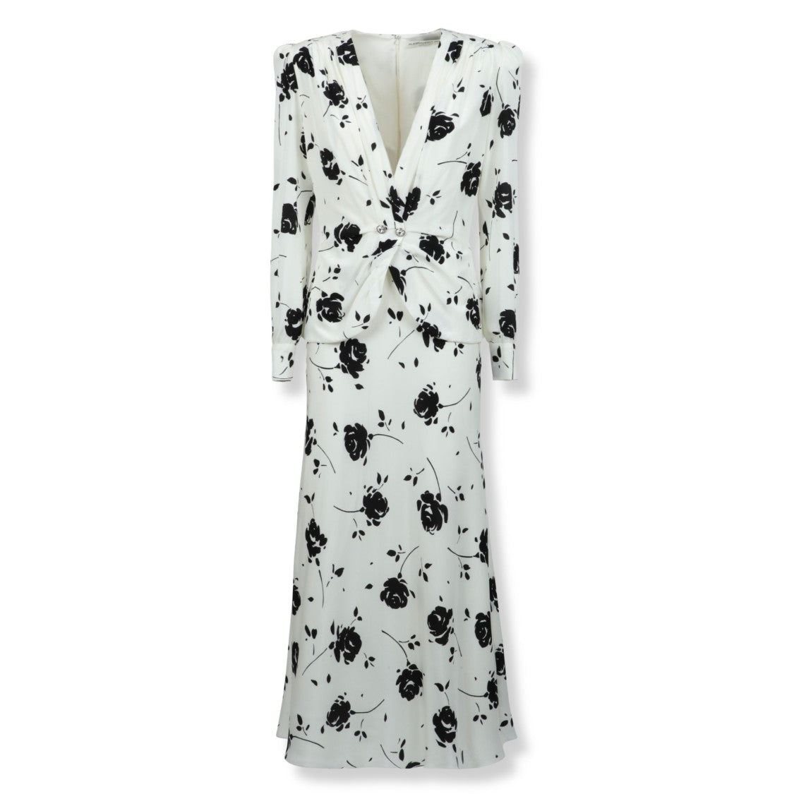 Alessandra Rich Rose Print Silk Dress With Jewel Buttons