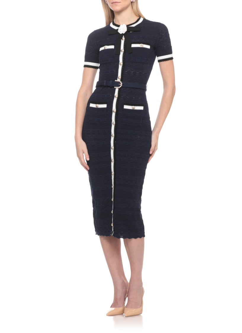 Self-Portrait Pointelle Knit Midi Dress With Decorative Pin And Four Pockets