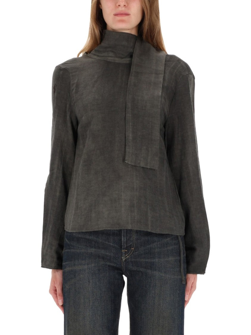 Our Legacy Textured Grey Top With High Neckline And Drape Detail