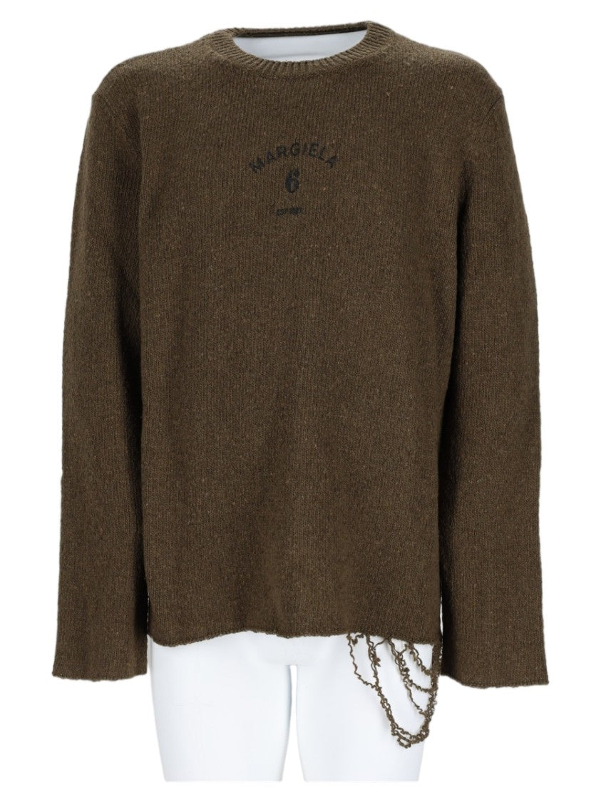 Mm6 By Maison Margiela Relaxed Fit Brown Sweater With Subtle Logo And Chain Accents