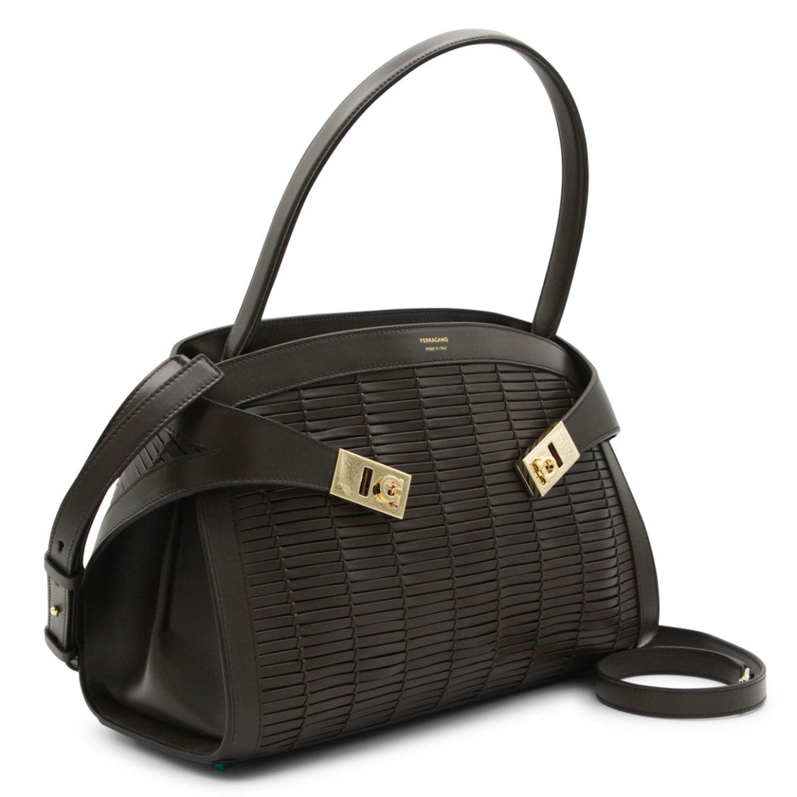 Ferragamo Textured Brown Leather Shoulder Bag With Gold-Tone Accents