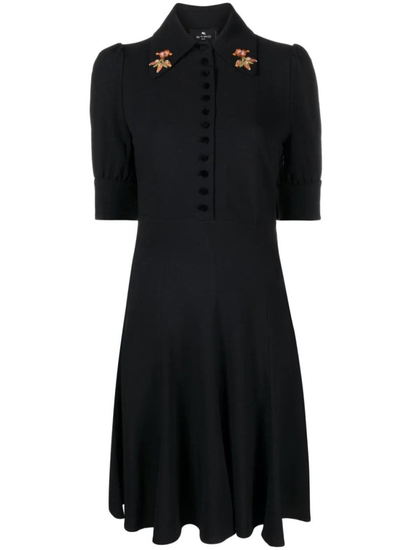 Etro Classic Black Midi Dress With Floral Embroidery