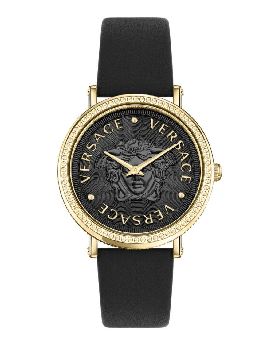 Versace V-Dollar Black Guilloche Dial Watch With Yellow Gold Case