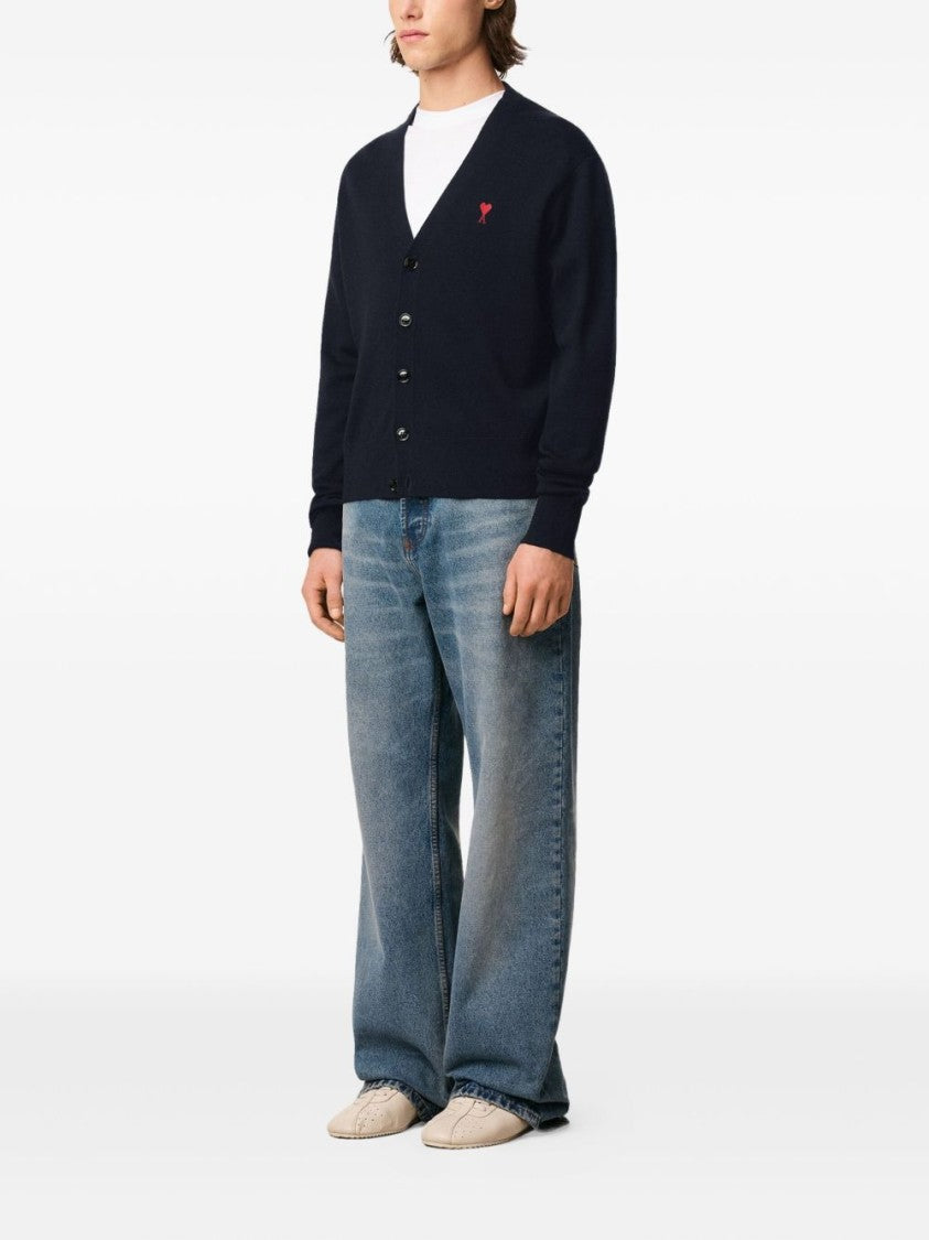 Ami Paris Button-Up Cardigan Sweater With V-Neck And Heart Emblem