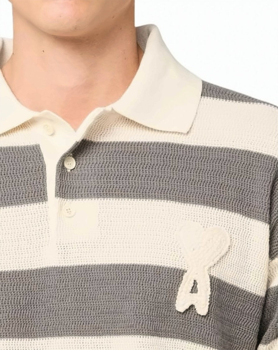 Ami Paris Neutrals Horizontal Striped Heart Emblem Polo