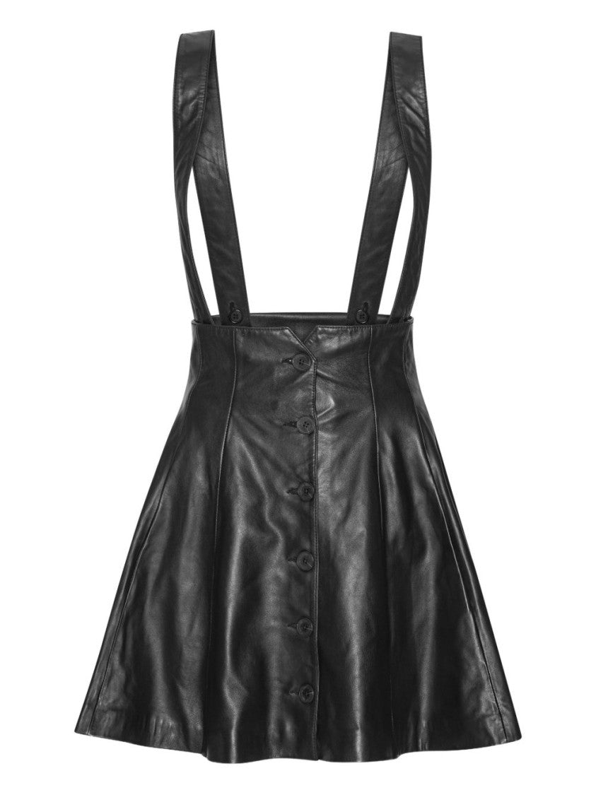 Rotate Flared Black Leather Mini Skirt