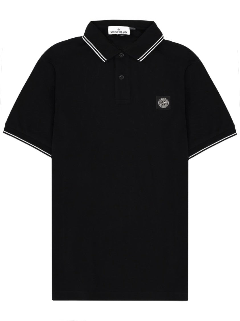 Stone Island Black White Piping Cotton-Blend Polo Shirt