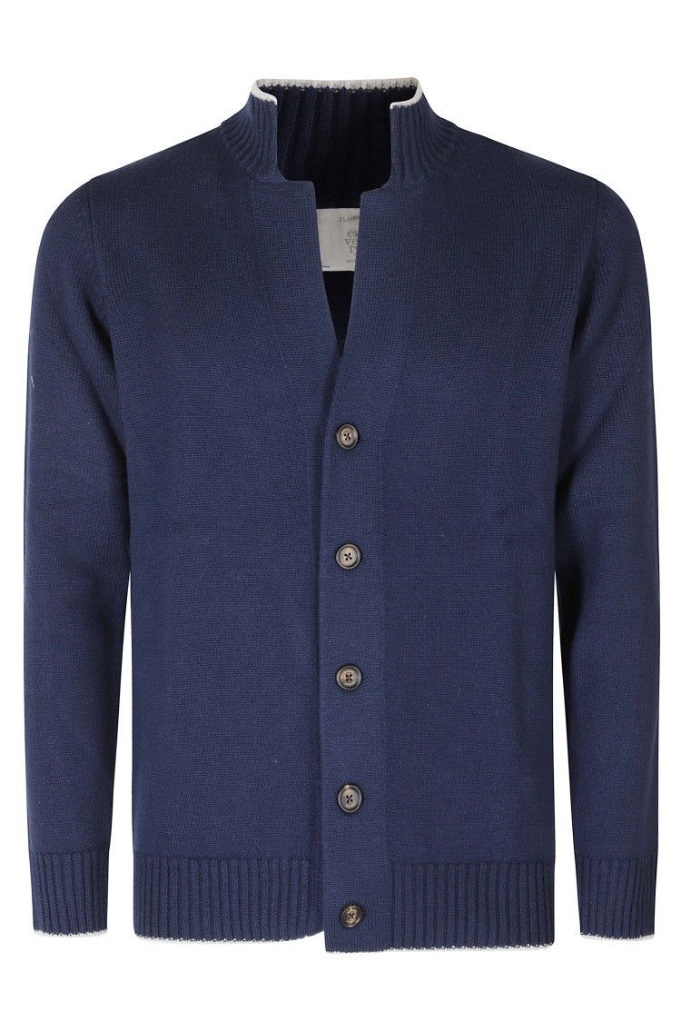 Eleventy Blue Sand Contrast-Trim Four-Button Wool Cardigan
