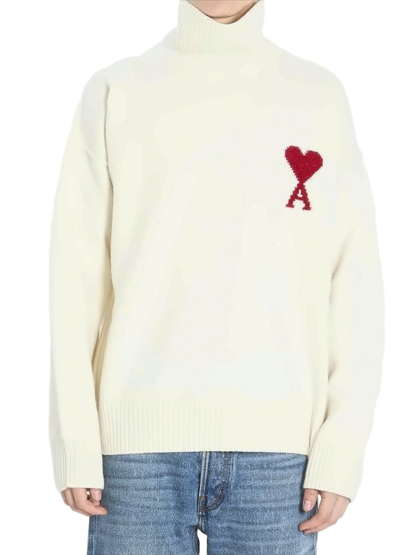 Ami Paris White Wool Turtleneck Sweater With Heart Emblem