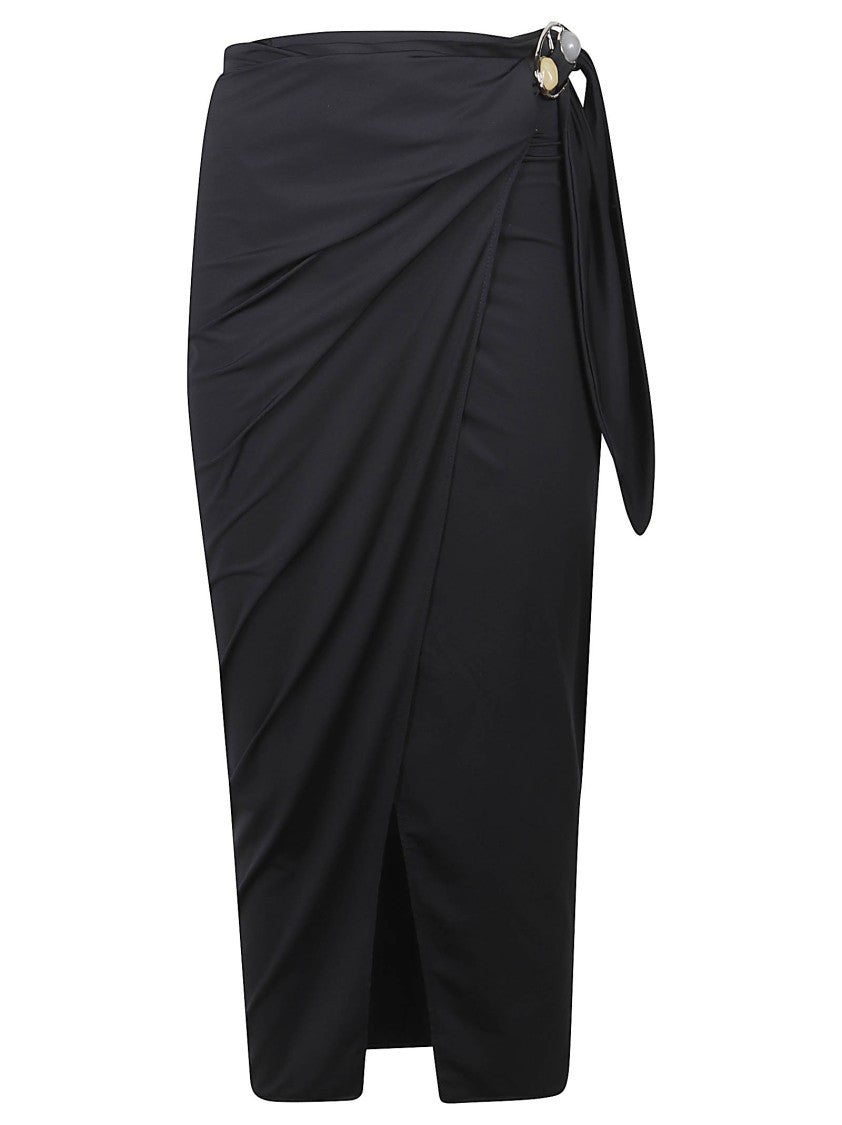 Hamoulet Black Midi Pareo Skirt With Decorative Ring And Gathered Detailing