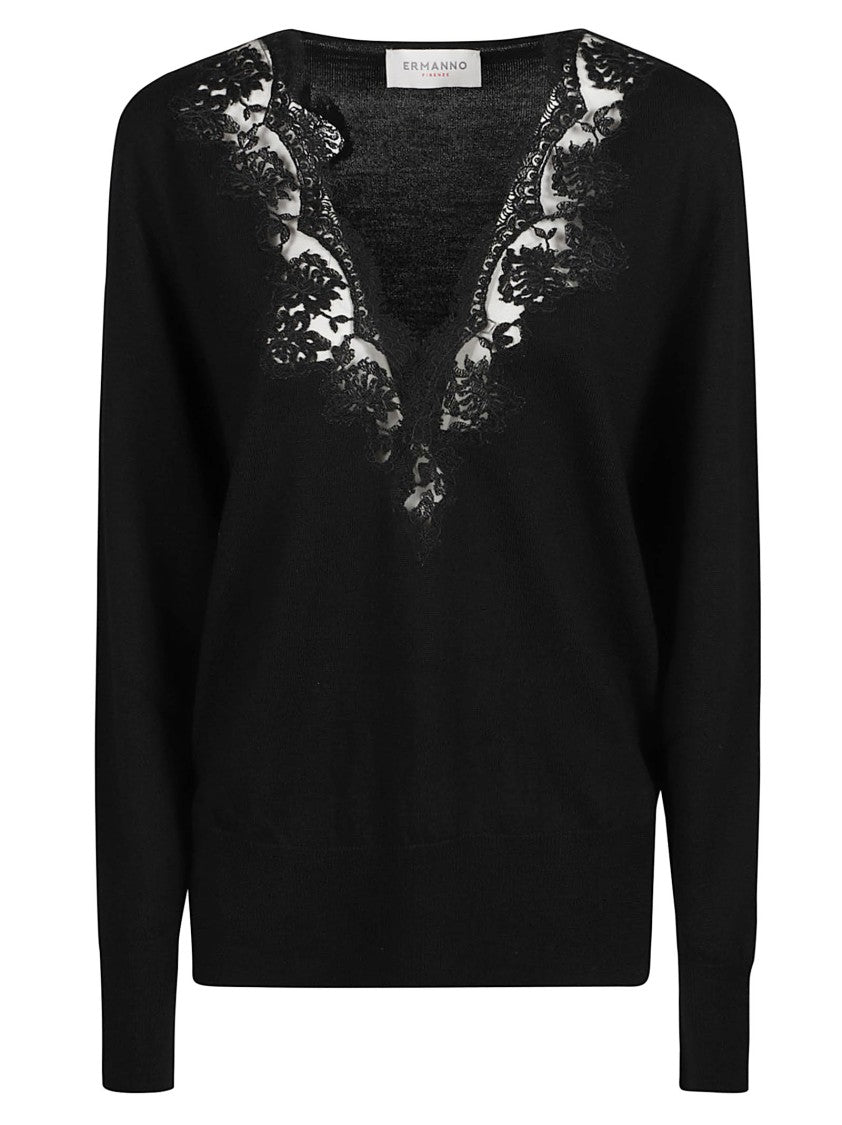 Ermanno Firenze Delicate Lace-Trimmed Black V-Neck Wool Sweater