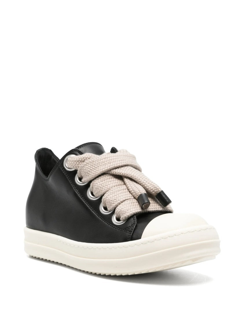 Rick Owens Low-Top Black Leather Sneakers With Oversized Beige Laces