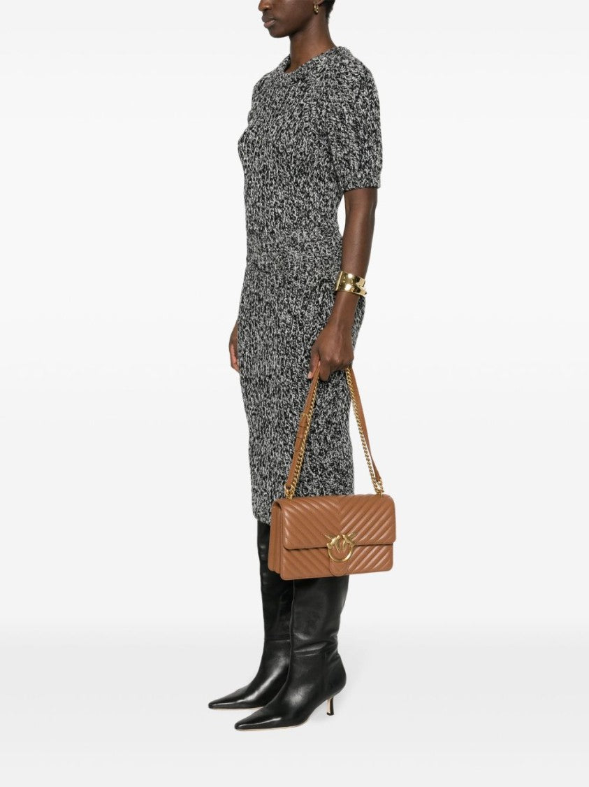 Pinko Quilted Brown Calfskin Shoulder Bag With Gold Hardware