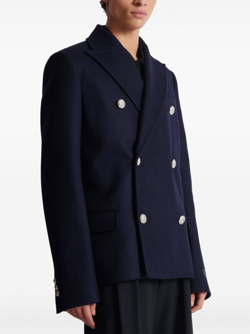 Balmain Navy Blue Virgin Wool Blend Double-Breasted Coat