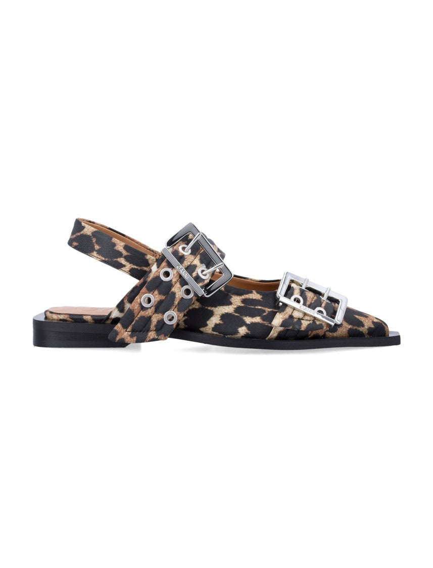 Ganni Leopard Satin Slingback Ballerinas With Bold Buckles