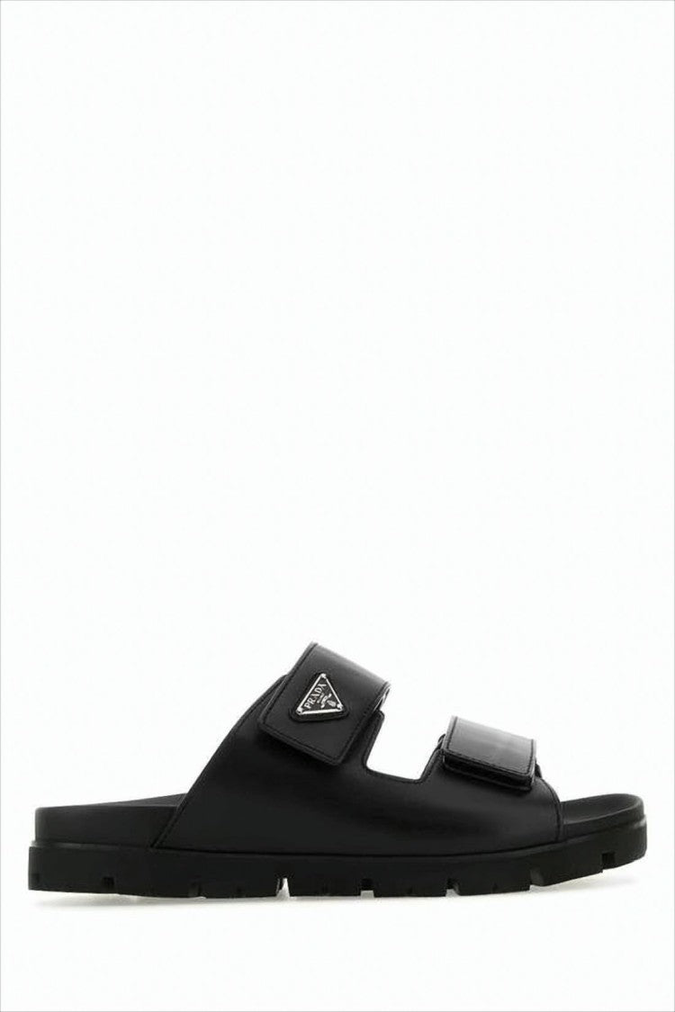 Prada Adjustable Leather Strap Black Slide Sandals