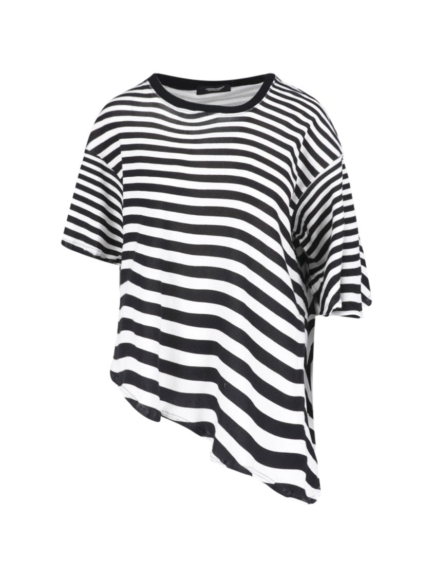 Undercover Black/White Asymmetrical Hem Striped T-Shirt
