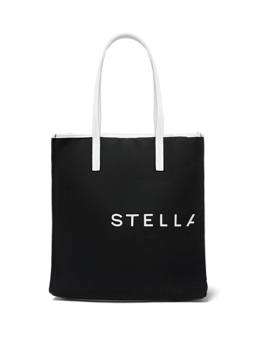 Stella Mccartney Black Canvas Tote Bag With Logo Prints And Moon Charm