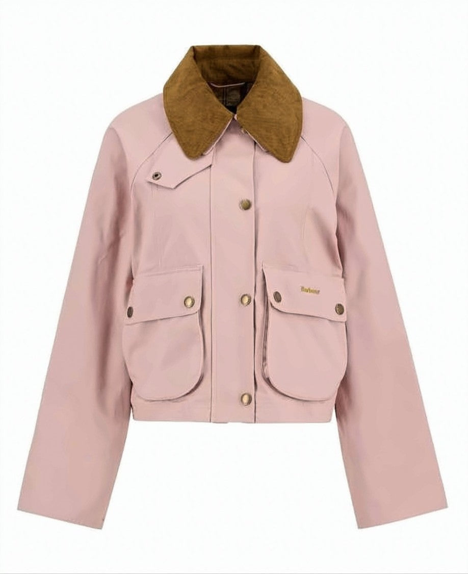 Barbour Cropped Pink Cotton Jacket With Contrasting Corduroy Collar