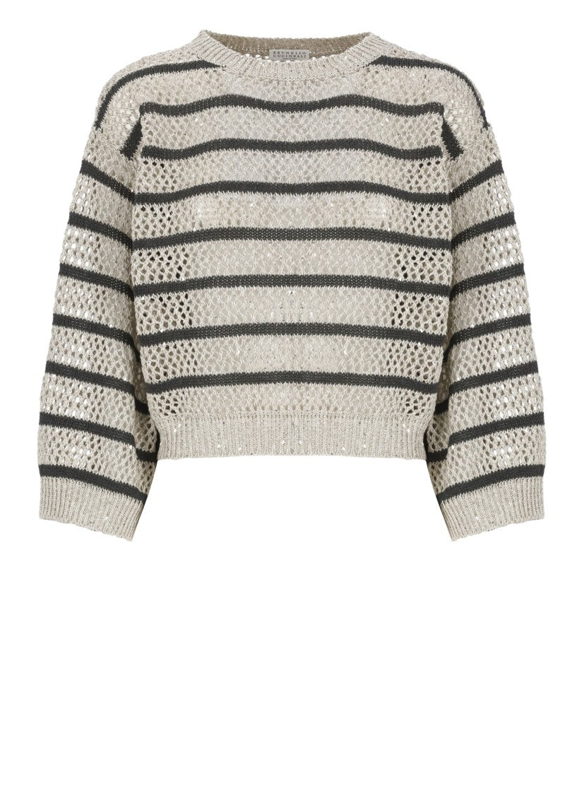 Brunello Cucinelli Beige Striped Linen And Cotton Sweater