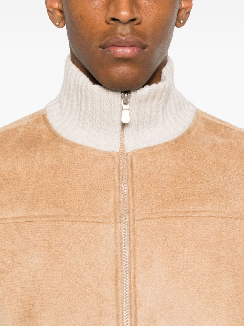 Gran Sasso Soft Beige Suede Jacket With Ribbed Knit Details