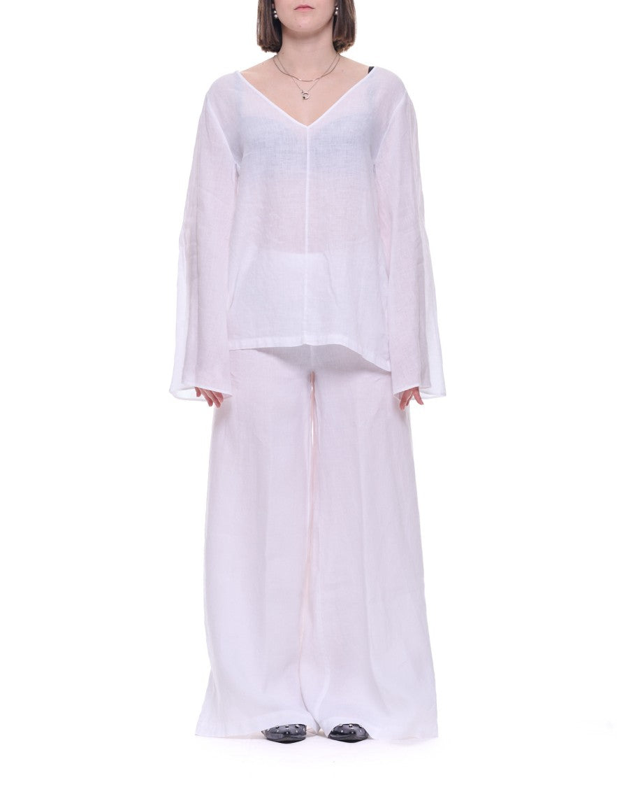 Hira White V-Neck Linen Long-Sleeve Top