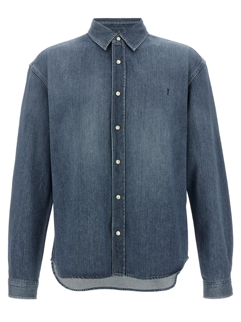 Saint Laurent Horizon Washed Cotton Denim Shirt With Embroidered Cassandre Logo