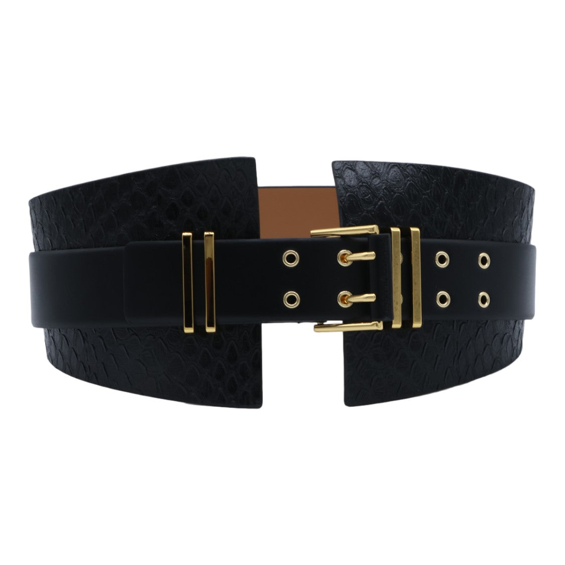 Elisabetta Franchi Textured Wide Belt With Double-Prong Gold Buckle
