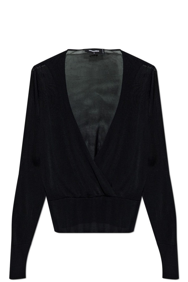 Dsquared2 Wrap-Style Black Viscose Sweater With Deep V-Neckline