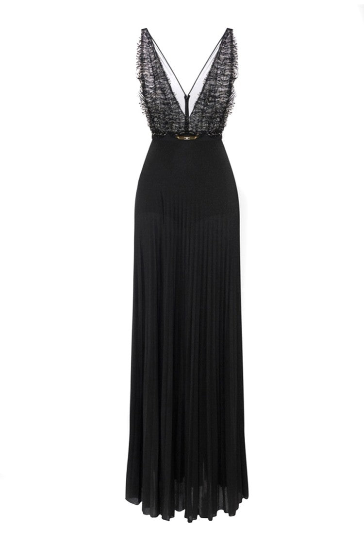 Elisabetta Franchi Black Sheer Lace Bodice Pleated Viscose-Blend Maxi Dress