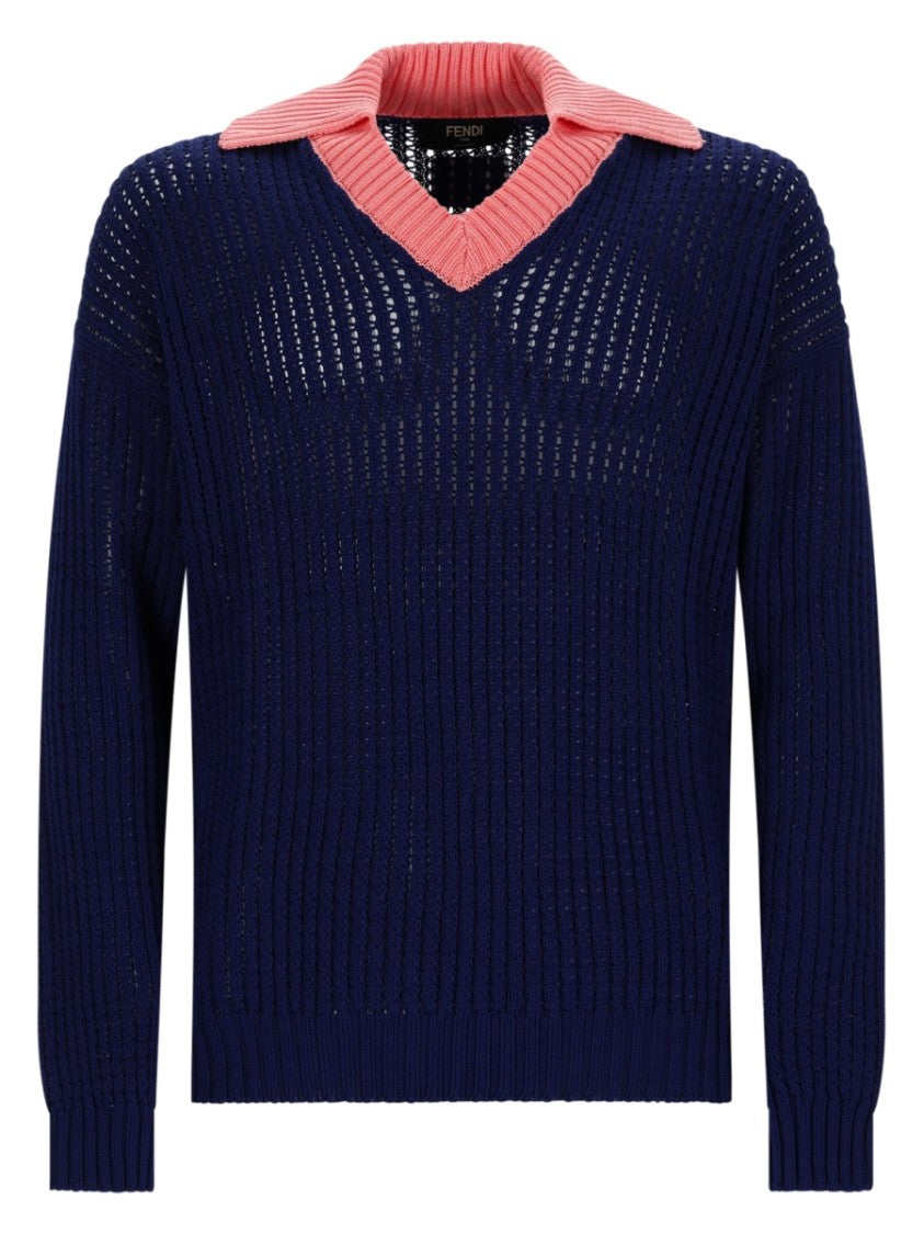 Fendi Textured Navy Knit Sweater With Contrasting Pink Collar