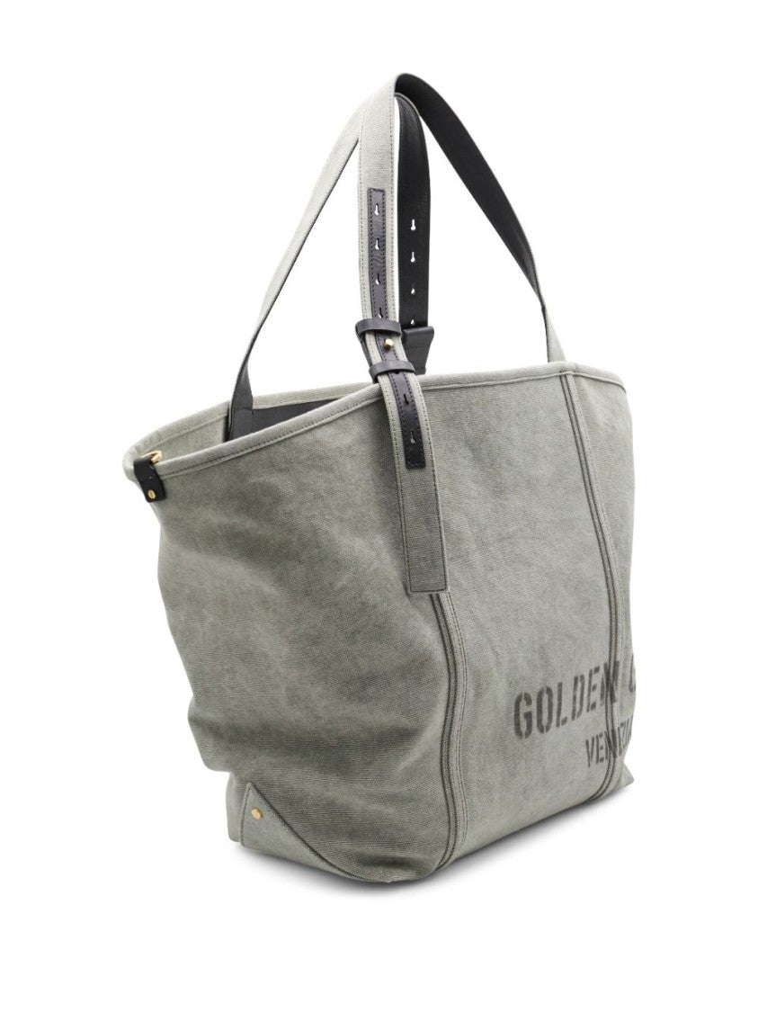 Golden Goose Sage Green Printed Logo Tote Bag With Structured Silhouette