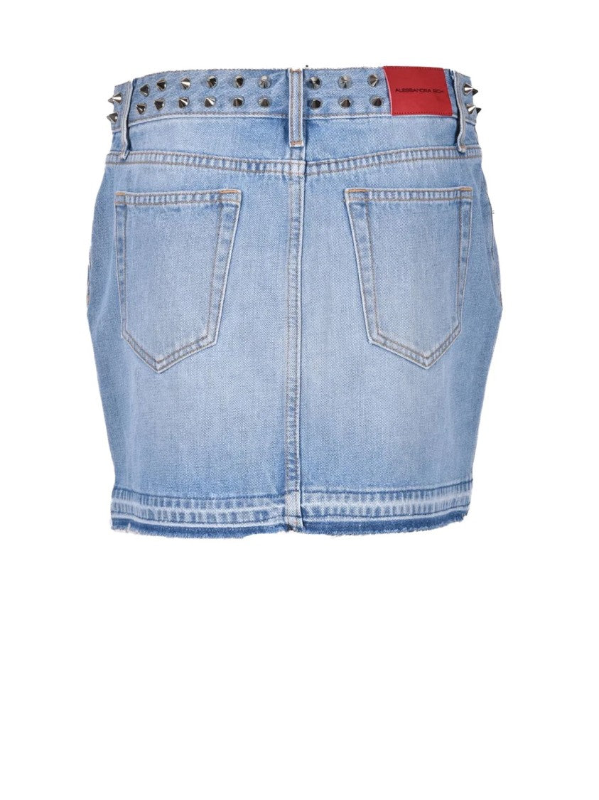 Alessandra Rich Light Blue Studded Cotton Denim Mini Skirt