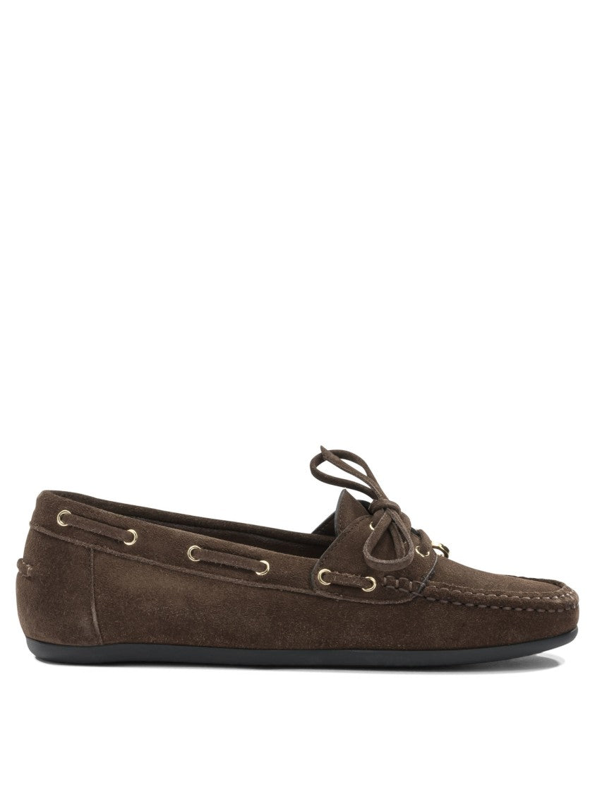 Ferragamo Brown Suede Loafers With Moccasin Toe And Lace-Up Bow