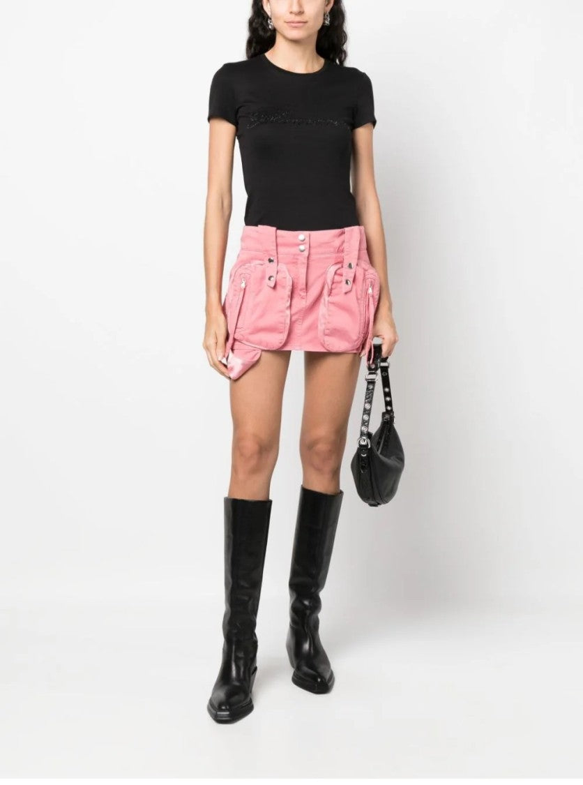 Blumarine Black Logo T-Shirt With Rhinestone Embellishment