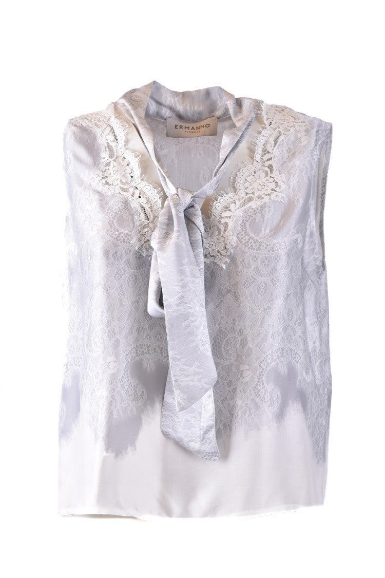 Ermanno Grey Viscose Lace-Trim Tie-Neck Blouse