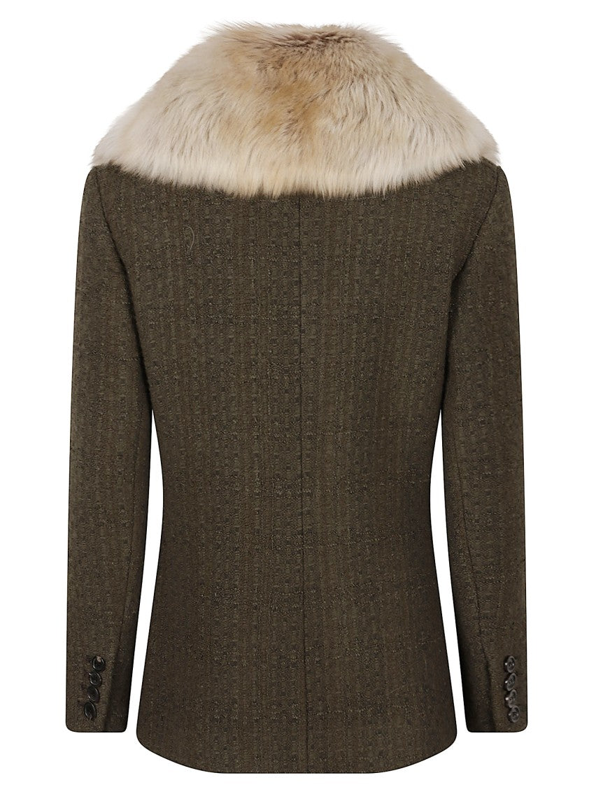 Saint Laurent Short Structured Coat With Plush Fur Collar