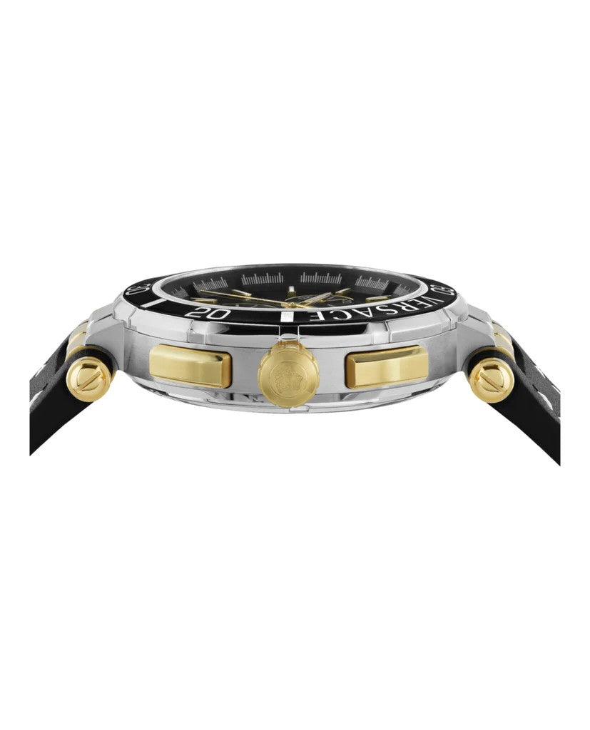 Versace Greca Chrono 45Mm Stainless Steel Watch With Black Dial And Leather Strap