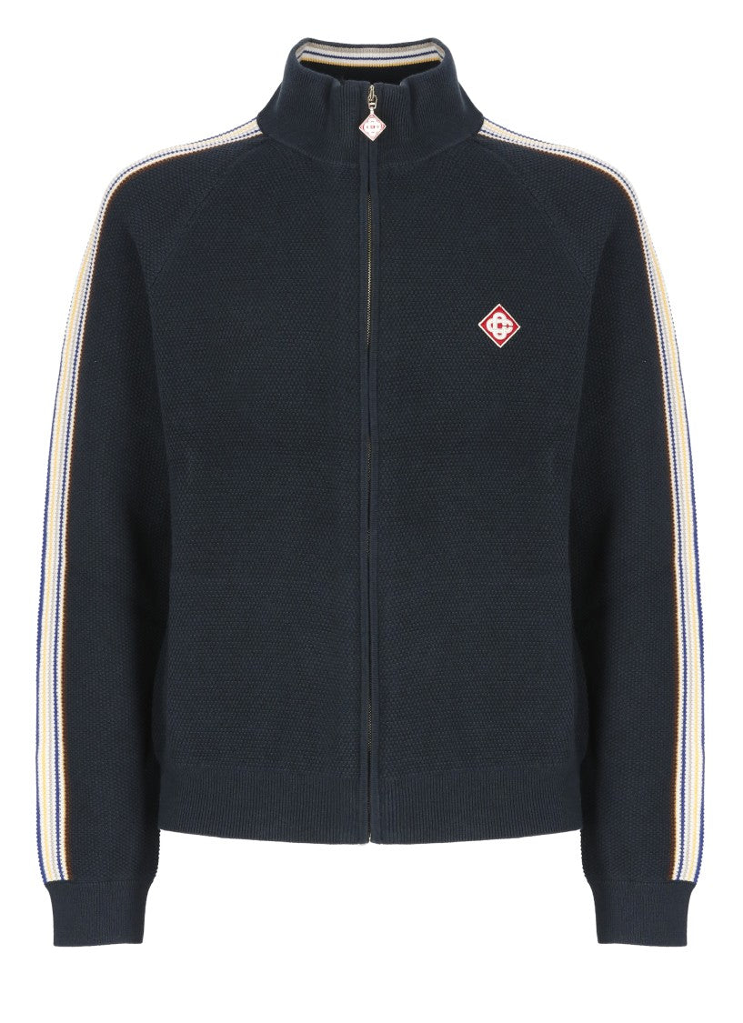 Casablanca Blue Zip-Up Cotton-Wool Textured Knit Sweatshirt
