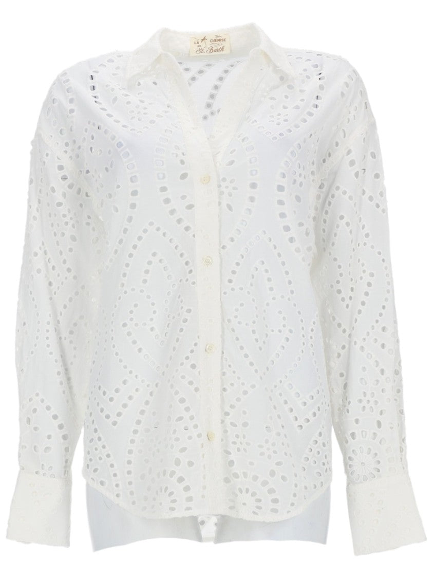 Mc2 Saint Barth White Eyelet Embroidery Cotton Shirt