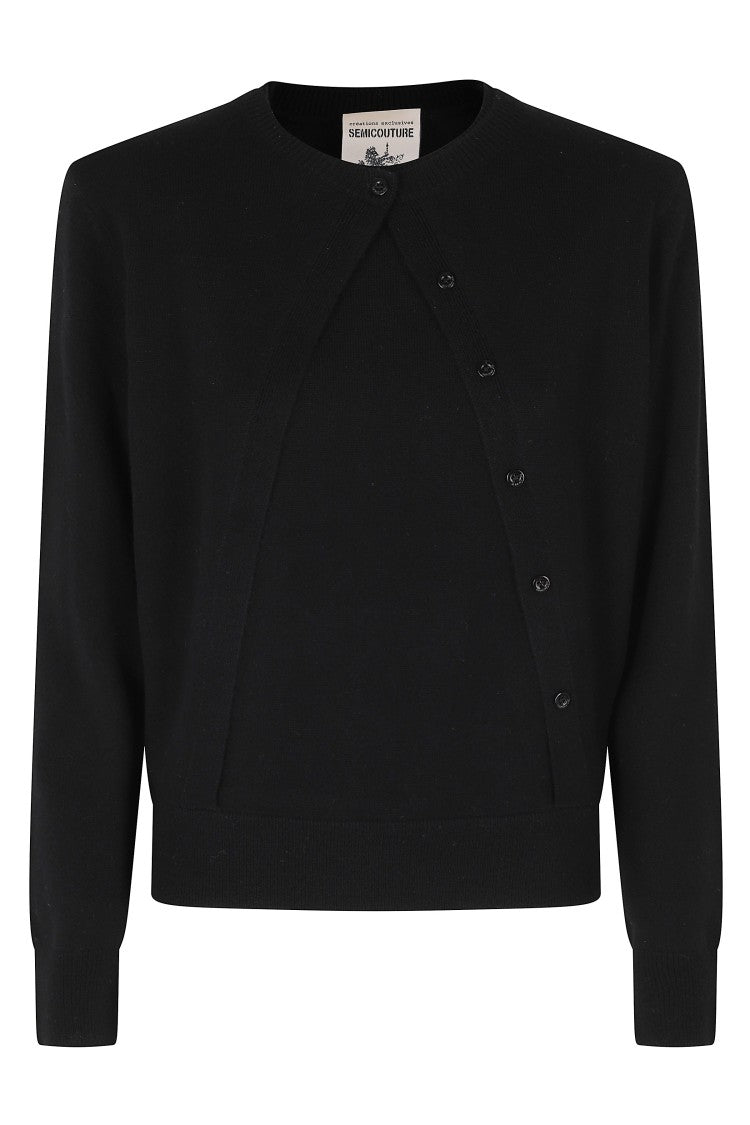 Semi Couture Black Yasmina Built-In Vest Ribbed Wool-Cashmere Cardigan