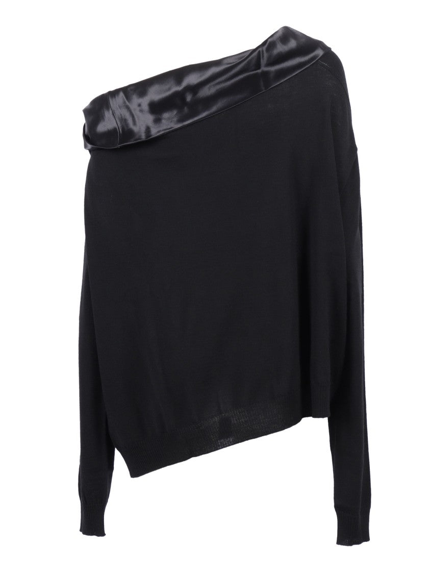 Alberta Ferretti Asymmetrical Top With Draped Satin Neckline And Virgin Wool Body