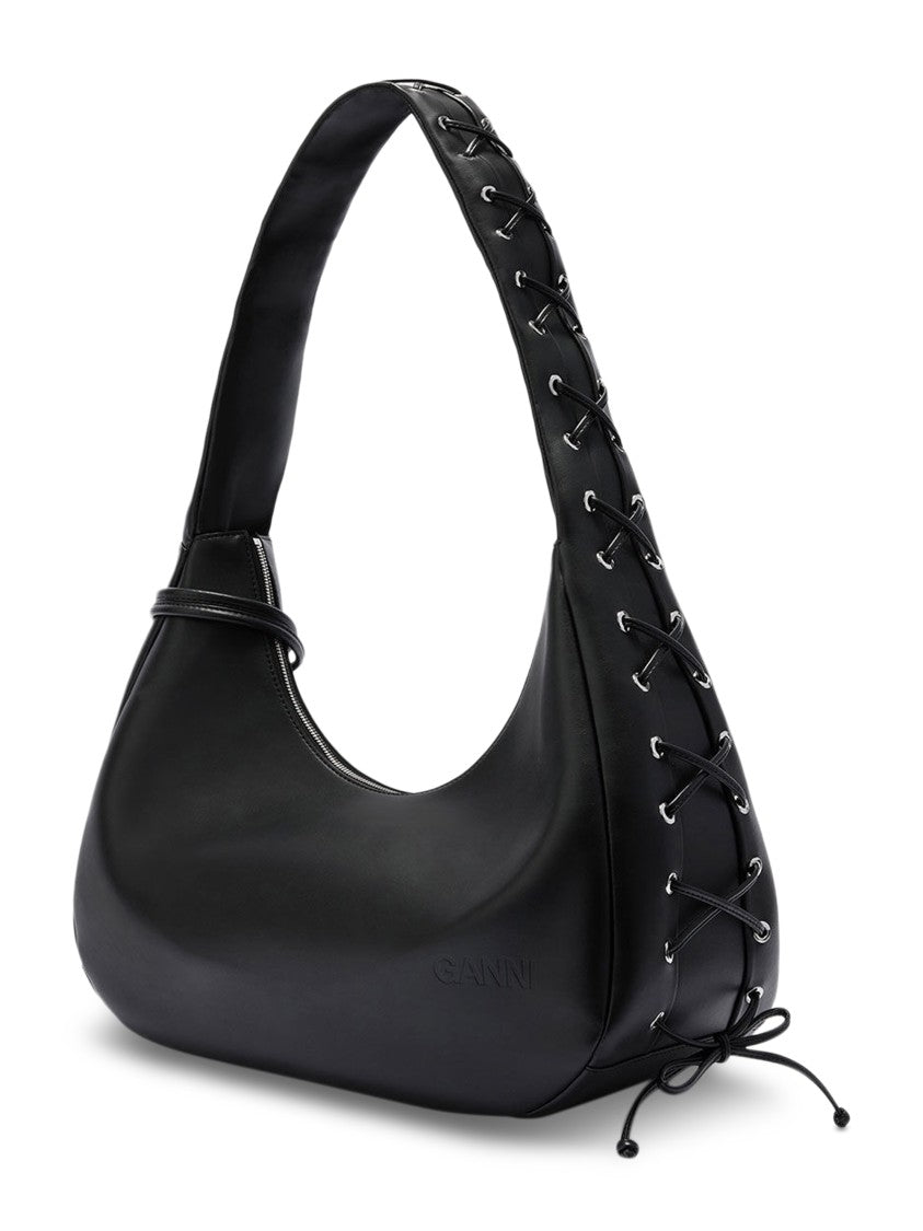 Ganni Black Hobo Bag With Lace-Up Detail And Minimalist Design
