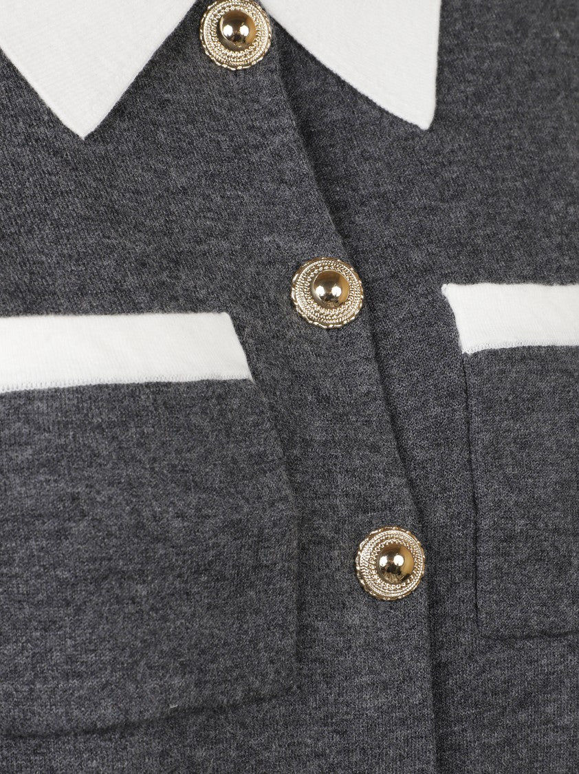 Self-Portrait Fitted Grey Knit Sweater With Button-Down Front