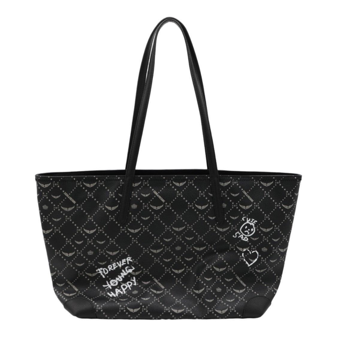 Zadig & Voltaire Large Black Tote Bag With Graffiti Accents And Wing Motifs