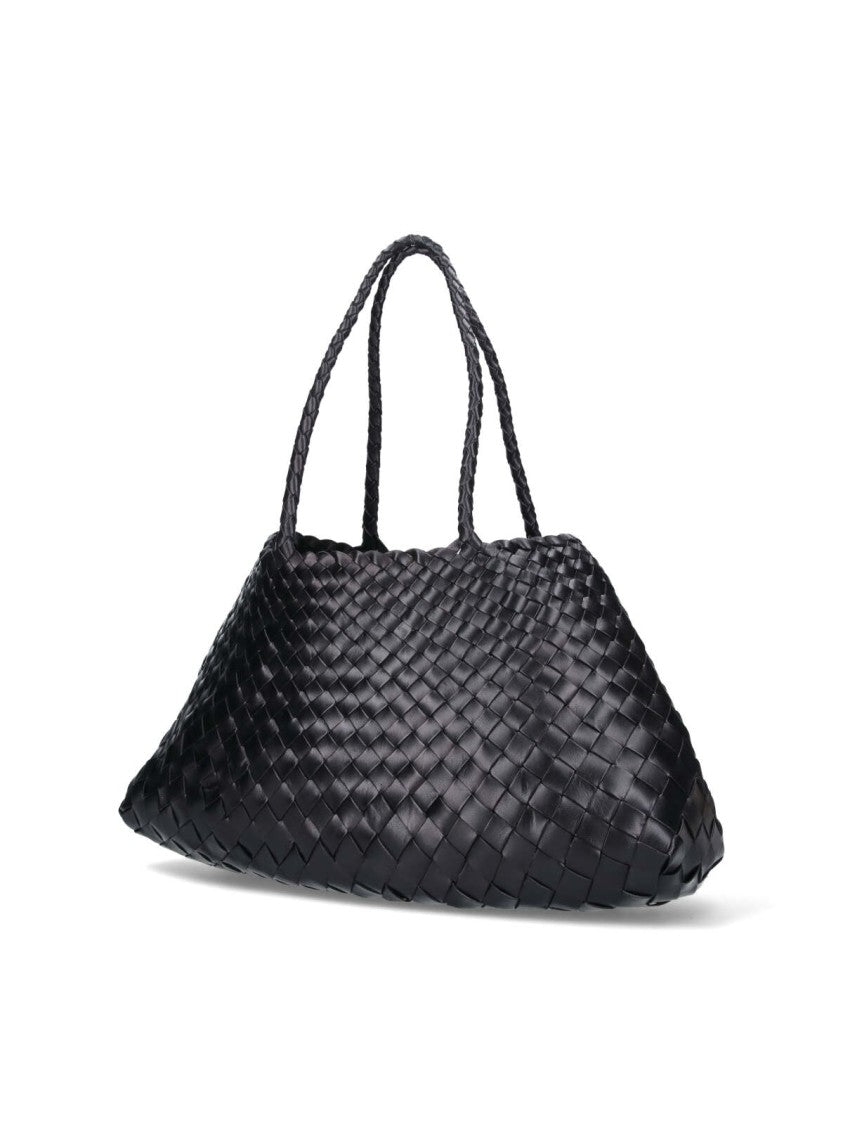 Dragon Diffusion Spacious Black Woven Leather Tote Bag With Braided Handles