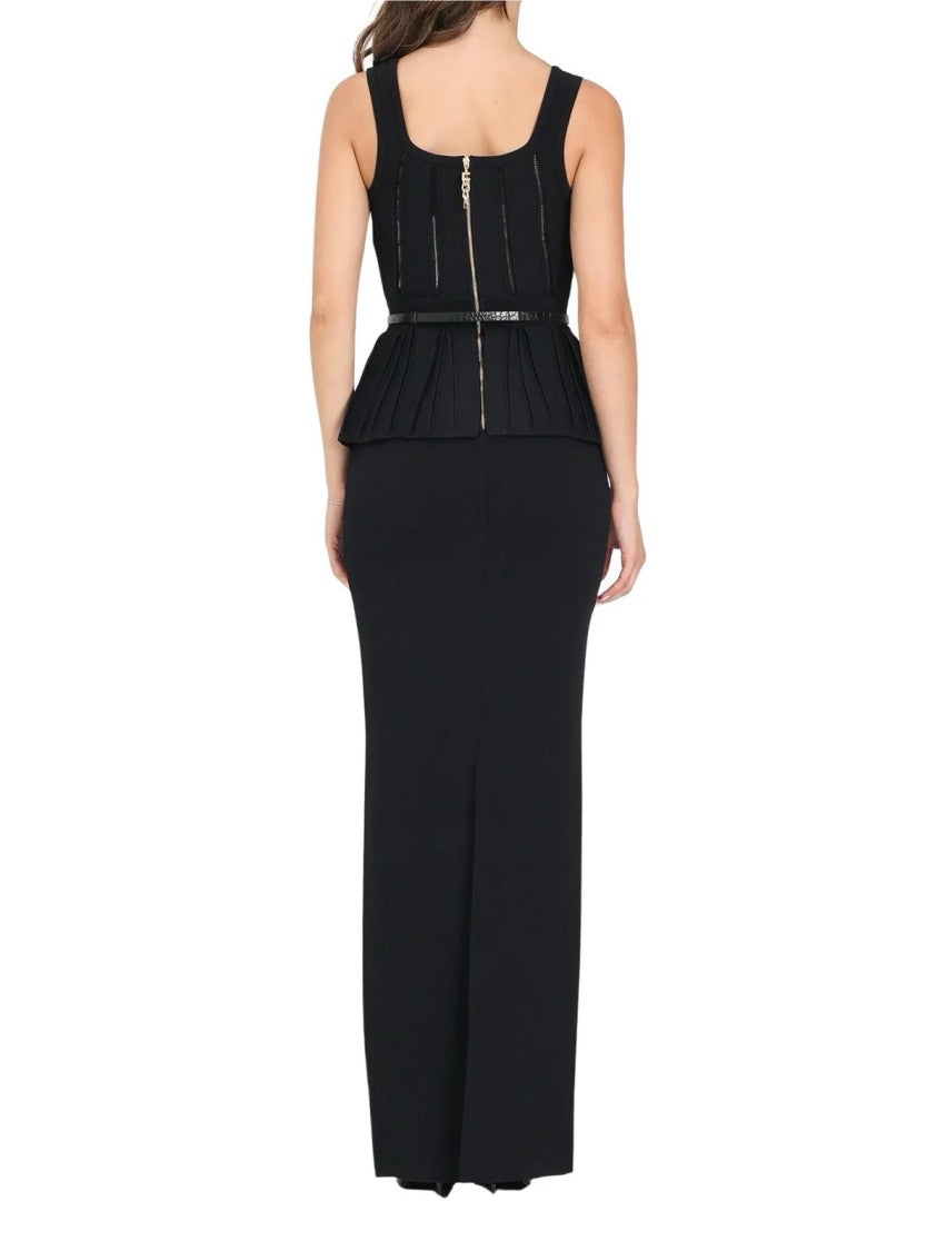 Red Carpet E. Franchi Long Fitted Black Dress With Sheer Paneling And Peplum Waist