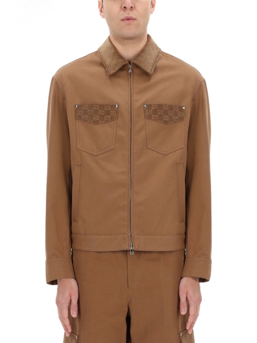 Gucci Brown Cotton Jacket With Zipper And Structured Collar