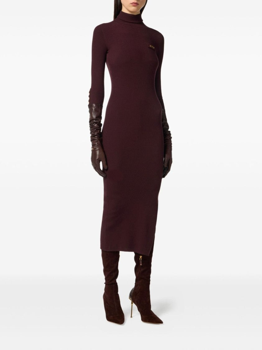 Elisabetta Franchi Ribbed Midi Dress With High Neckline